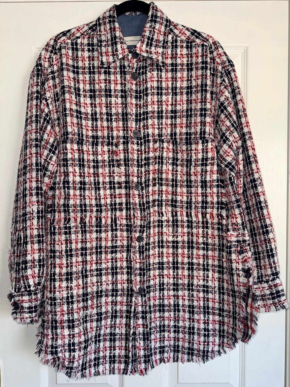 FAITH CONNEXION Navy Red Check Metallic Tweed Oversized Over Shirt Jacket M / L